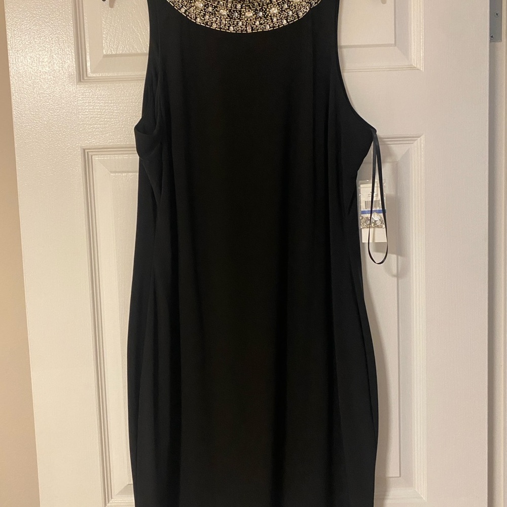SLNY Black Backless Dress with Embellished Neckline